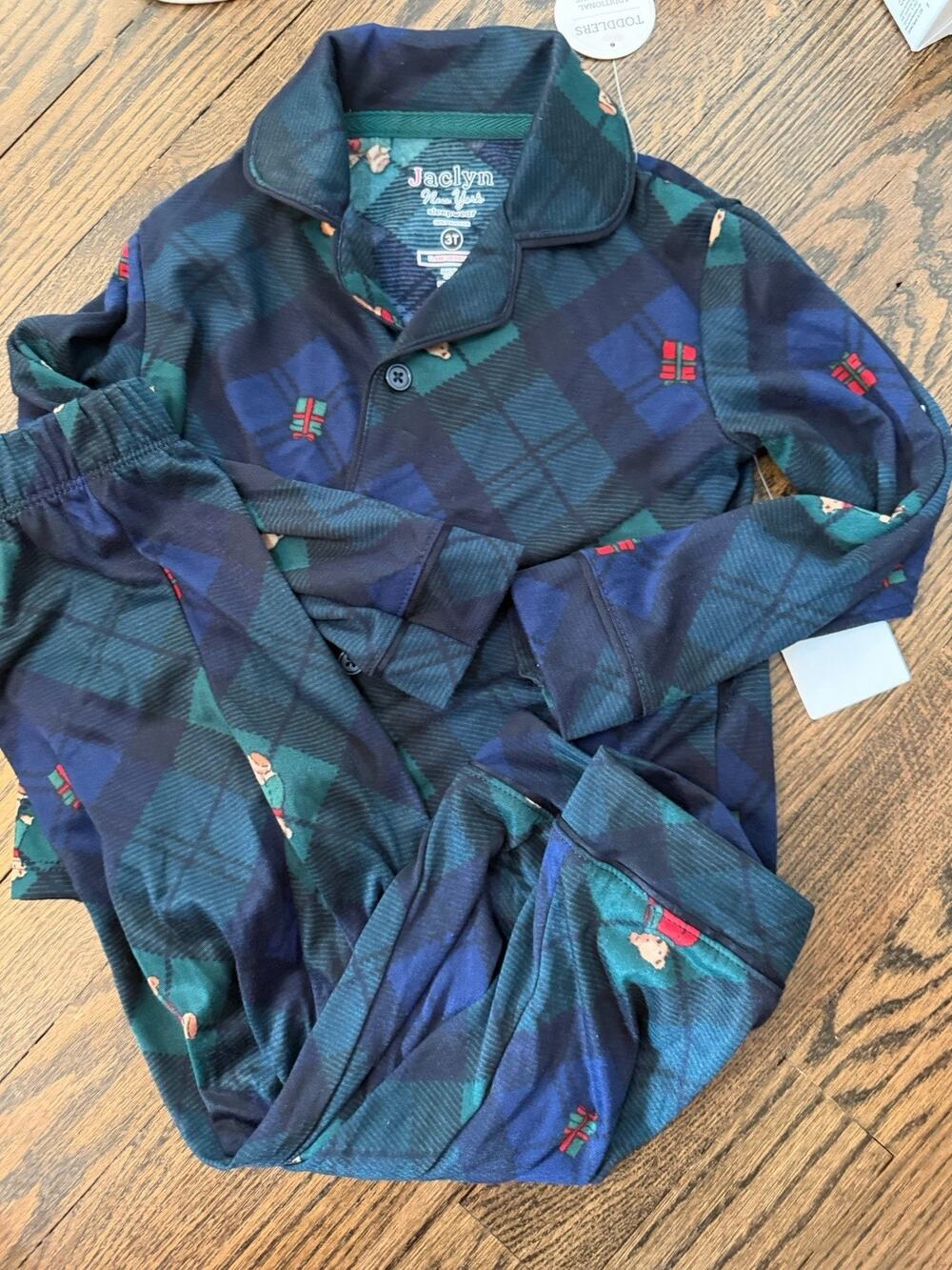 Teddy Bear Green Plaid Toddler Holiday 2 Piece Pajamas Sz 3T Nordstrom NWT